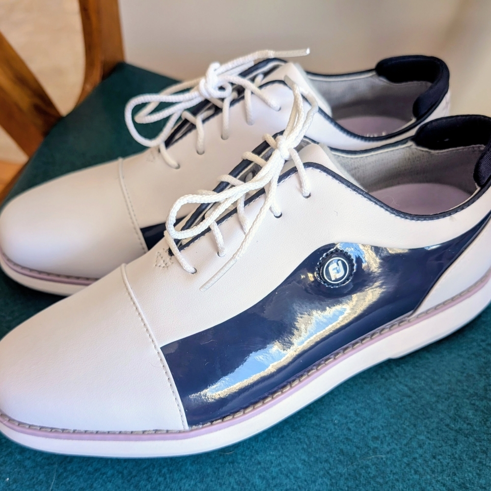 Women's Footjoy Traditions White and Blue Patent Golf Shoes